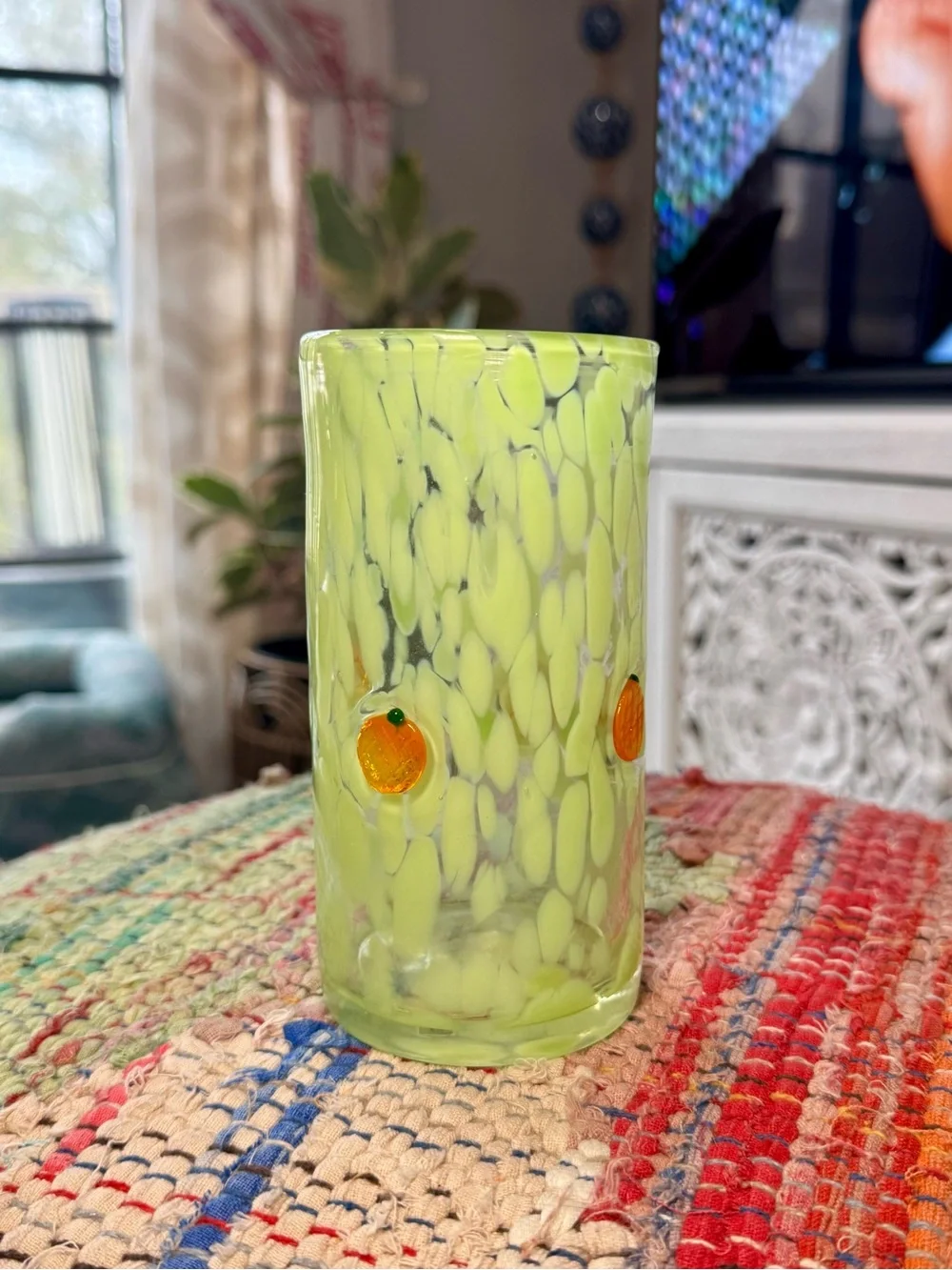 🍊🍊🍊Anthropologie Fruit Lacey Highball Glass‎ Tumbler Cup in green & oranges